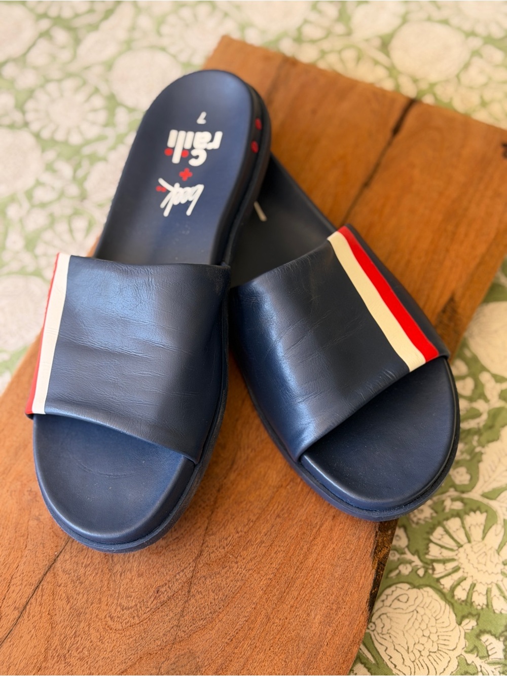 beek Navy Slide Sandals with Red & White Stripe